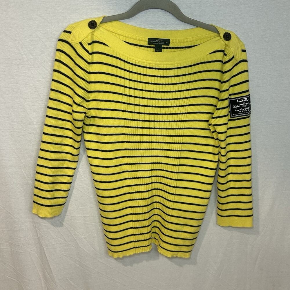 LRL Lauren Jeans Co Women’s M Yellow Ribbed Off The Shoulder Sweater Crest Patch
